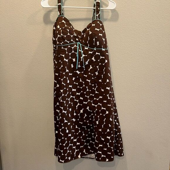 Madison Leigh Sz 10 Brown Polka Dot Teal Blue Accent Retro Midi Dress - Picture 2 of 6